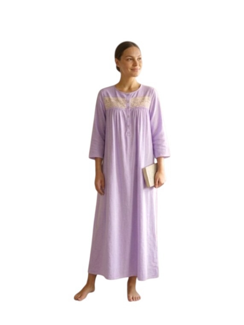 Vintage 70s Lavender Embroider Long Nightgown 3/4 Sleeve Pearl Button Front M/L